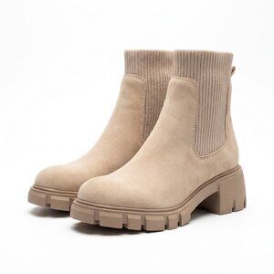 Steve Madden Beige Suede Sock Chelsea Lug Sole Boots